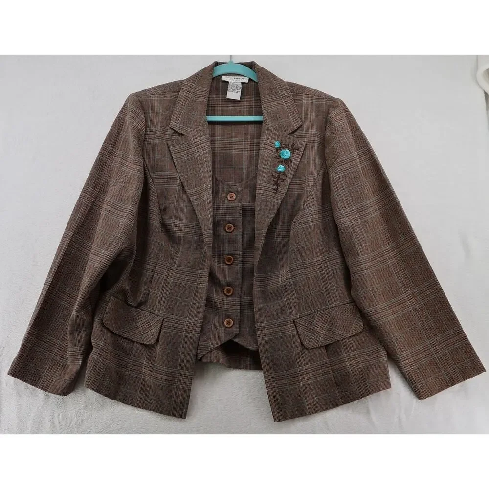 VTG Sag Harbor Glen Plaid Blazer Attached Vest 20W Power Suit 80s 90s